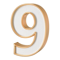 Number 9 . 3D render white number with golden outline