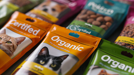 Premium Organic Pet Food Display in Minimalist Studio with Bright Lighting