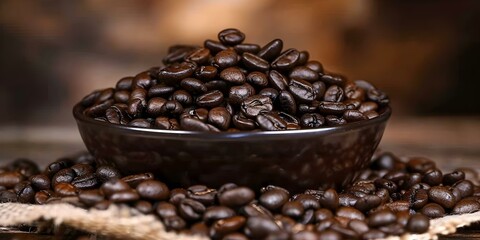 Fototapeta premium Ideal Coffee Beans in a Bowl for Your Morning Brew. Concept Morning Routine, Coffee Lover, Specialty Beans, Freshly Roasted, Daily Delight