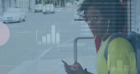 Image of infographic interface, african american girl using cellphone while waiting at bus stop