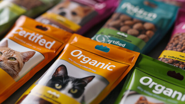 Premium Organic Pet Food Display in Minimalist Studio with Bright Lighting