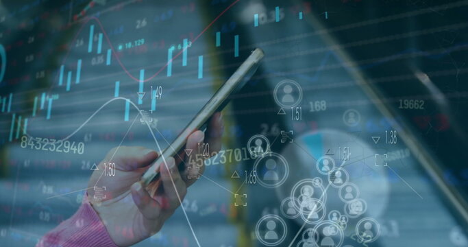 Image of graphs, loading circles and trading board, caucasian woman scrolling on cellphone