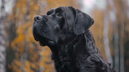  A tight shot of a black dog against a backdrop of two trees, their yellow leaves prevalent in both the foreground and background