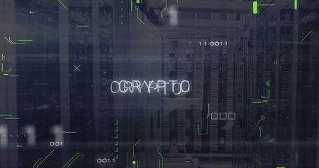 Image of binary codes and crypto text with circuit board pattern over data server systems