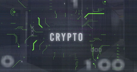 Image of crypto text and binary codes with circuit board pattern over data serve room