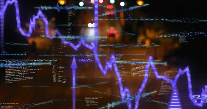 Image of soundwaves, graphs, codes and arrow up signs over cars moving on illuminated street - Powered by Adobe