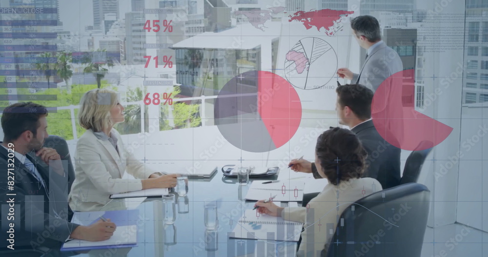 Poster image of infographic interface over diverse manager explaining sales report to colleagues