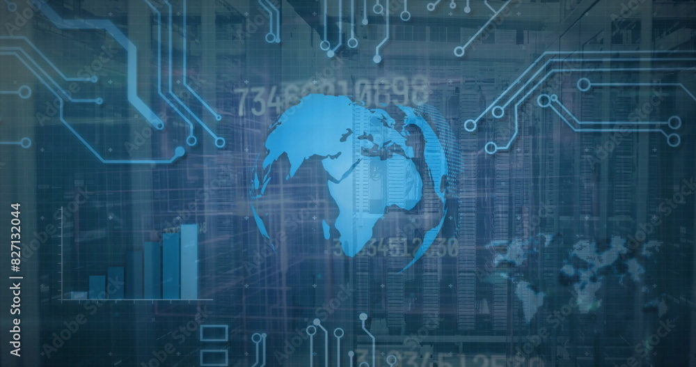 Poster image of globe, graph, circuit board pattern and changing numbers over data server system