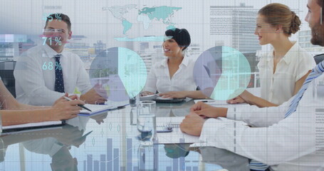 Image of infographic interface over diverse happy business partners shaking hands in meeting