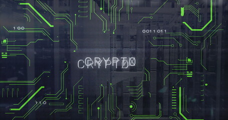 Image of binary codes and crypto text with circuit board pattern over data server systems