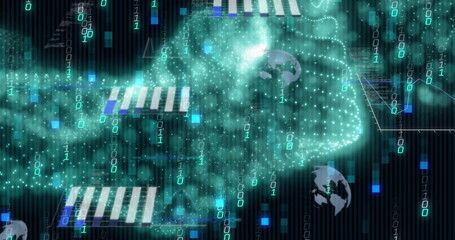 Image of binary codes moving in wave patterns over globes and graphs