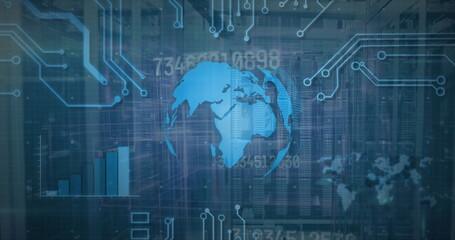 Image of globe, graph, circuit board pattern and changing numbers over data server system