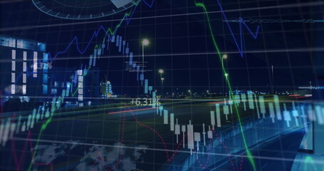 Image of graphs, soundwaves, computer language over time-lapse of cars moving on bridge in city
