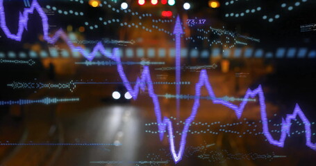 Image of soundwaves, graphs, codes and arrow up signs over cars moving on illuminated street