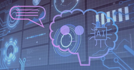 Image of ai text in brain, speech bubble, graphs, globe and loading circles