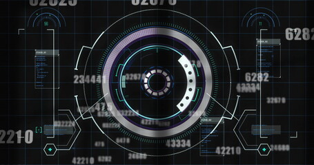 Image of loading circles, computer language over falling changing numbers on black background