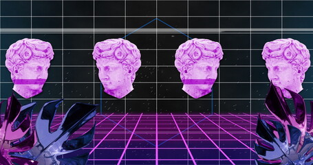 Image of leaves and head of male statues moving on grid pattern against abstract background