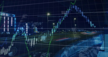 Image of graphs, soundwaves, computer language over time-lapse of cars moving on bridge in city