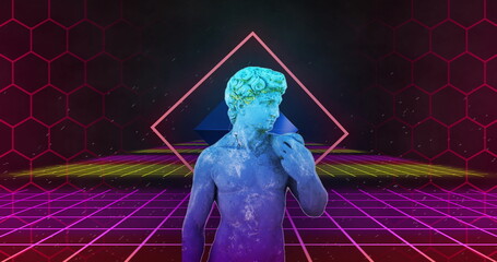 Image of glitched male stature over squares and grid pattern over black background