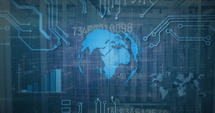 Image of globe, graph, circuit board pattern and changing numbers over data server system