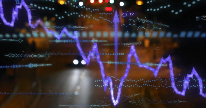 Image of soundwaves, graphs, codes and arrow up signs over cars moving on illuminated street - Powered by Adobe