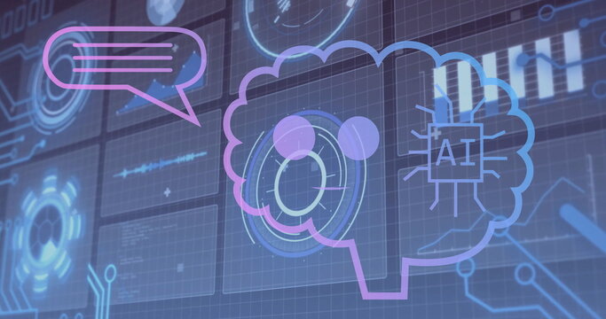 Image of ai text in brain, speech bubble, graphs, globe and loading circles