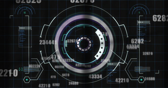Image of loading circles, computer language over falling changing numbers on black background - Powered by Adobe