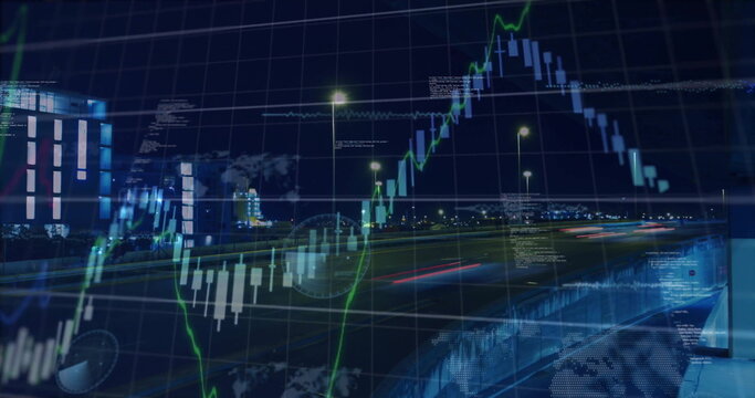 Image of graphs, soundwaves, computer language over time-lapse of cars moving on bridge in city