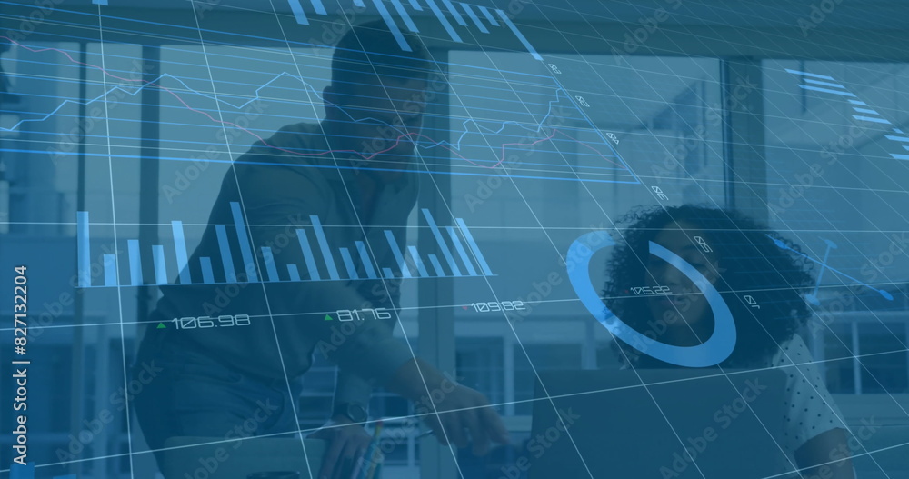 Poster image of graphs, changing numbers, loading circles over diverse coworkers discussing reports
