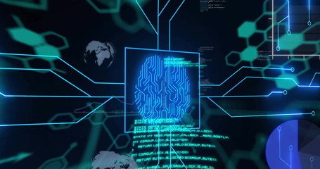 Image of biometric with computer language, hexagons, globe and graphs