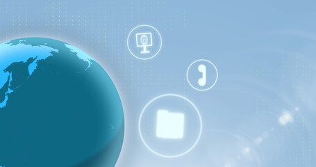 Image of globe rotating with various mobile application icons on blue background