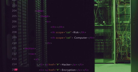 Lines of HTML code are overlaying server room with various networking equipment