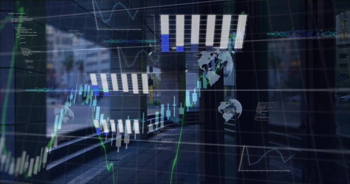 Image of multiple graphs and globe over time-lapse of cars moving on road seen through building - Powered by Adobe