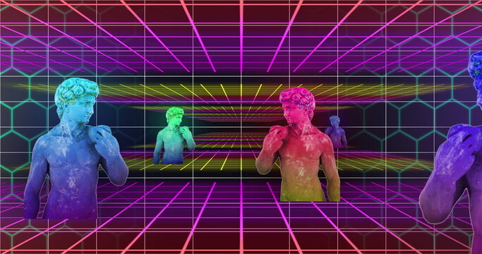 Image of multicolored glitched male statues with grid pattern against abstract background
