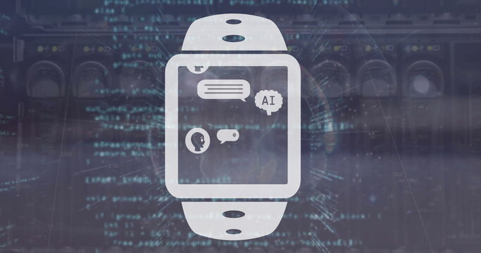 Image of ai chat box in digital watch over computer language against cables