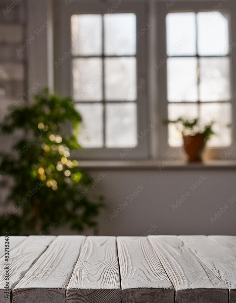 Poster empty table board and defocused indoor background. product display concept, high key light