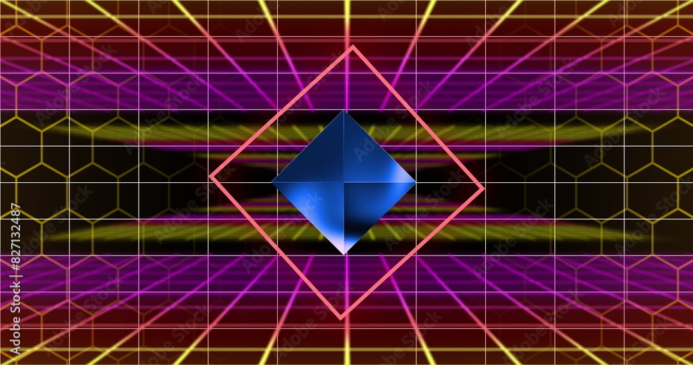 Poster image of rhombus in rotating square with grid pattern against abstract background
