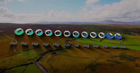 Image of month statistic charts over canyons and mountains