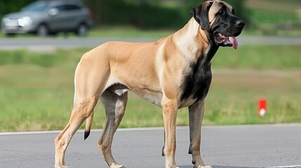  A large dog, brown and black in color, stands by the roadside Green grass covers the field beyond A black car sits on the opposite side