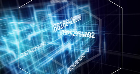 Image of changing numbers, hexagons and squares over black background
