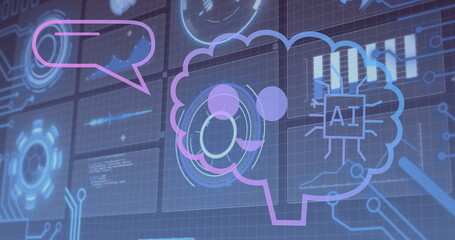 Image of ai text in brain, speech bubble, graphs, globe and loading circles