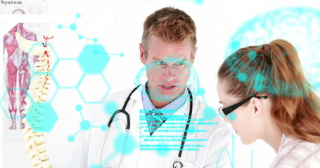 Image of medical data processing over caucasian male and female doctor discussing spine