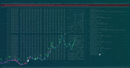 Image of diagram and data processing on blue background