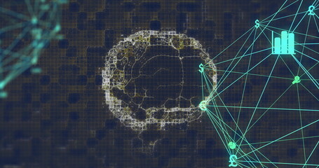 Image of network of connections and human brain on black background