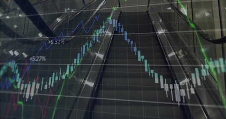 Image of data processing and diagram over escalator