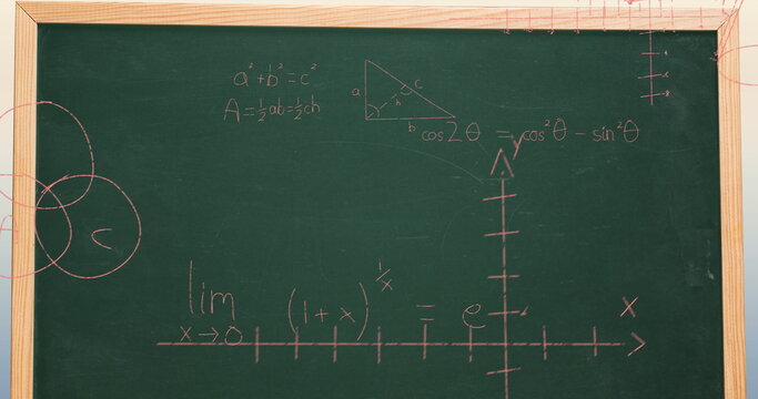 Image of mathematical data processing over green chalkboard