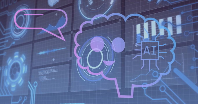 Image of ai text in brain, speech bubble, graphs, globe and loading circles