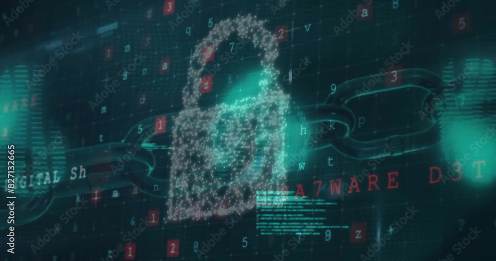 Poster image of padlock, connections and data processing over dark background
