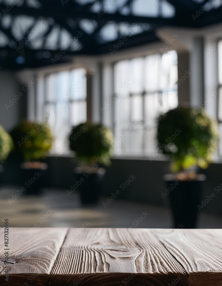 Poster empty table board and defocused indoor background. product display concept, high key light