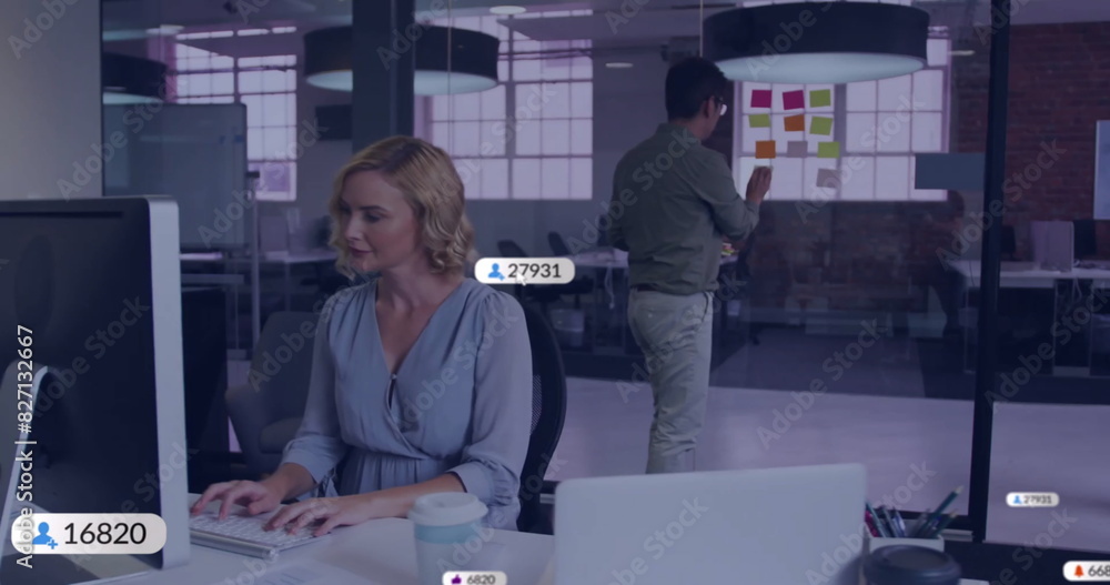 Aufkleber image of data processing over caucasian businesswoman using computer in office